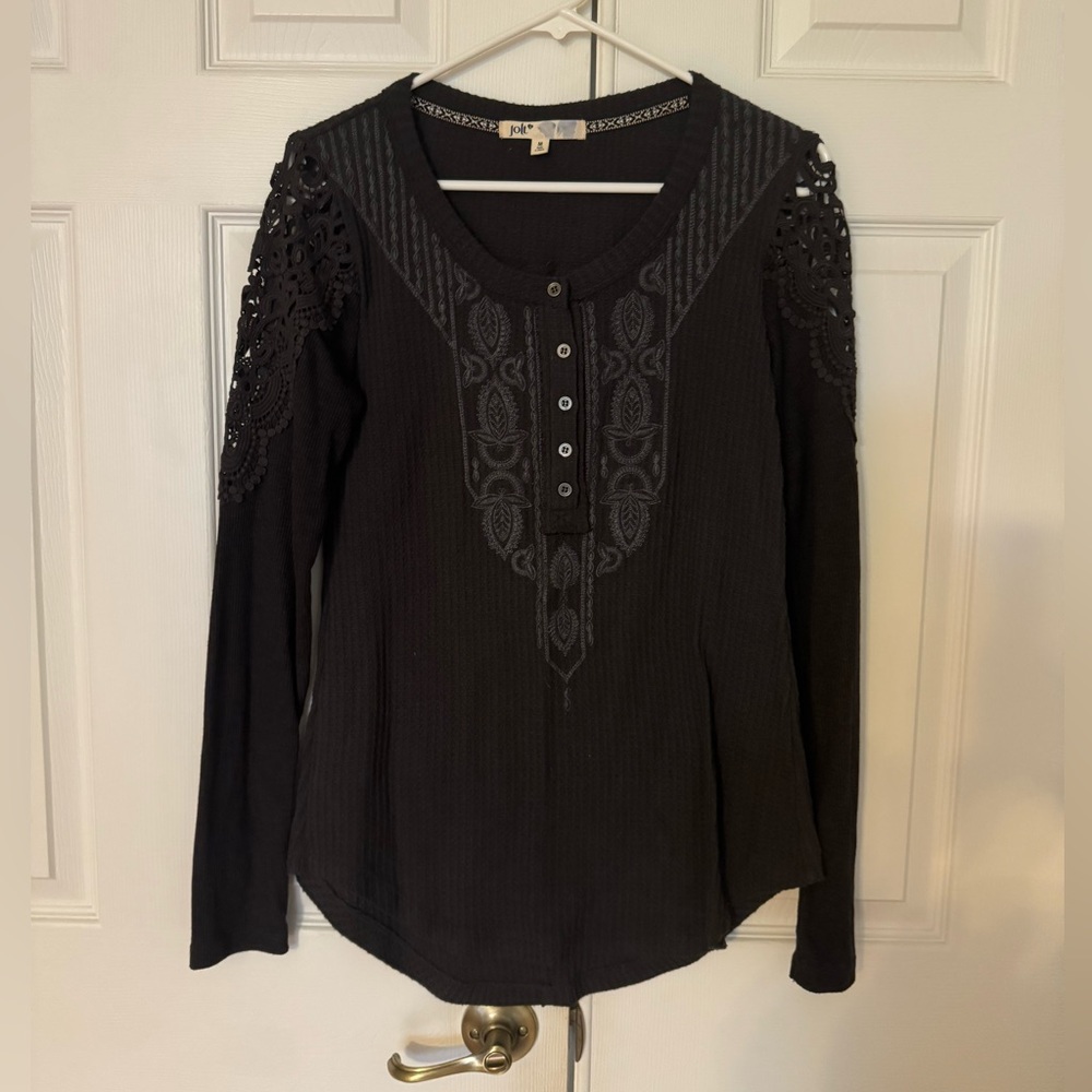 Jolt Black Embellished Buttoned Bib Collar Blouse